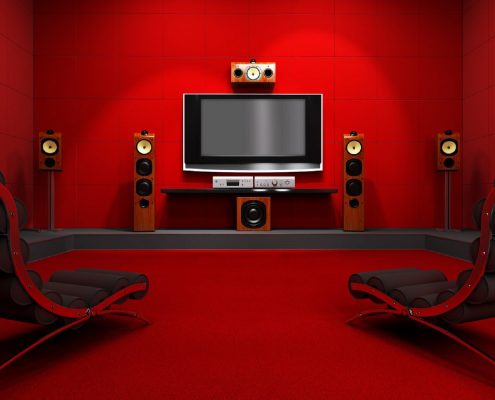 Home Theater In Red With Cozy Seating
