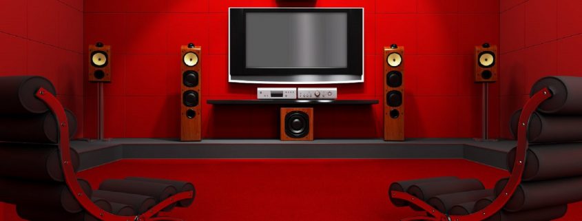 Home Theater In Red With Cozy Seating