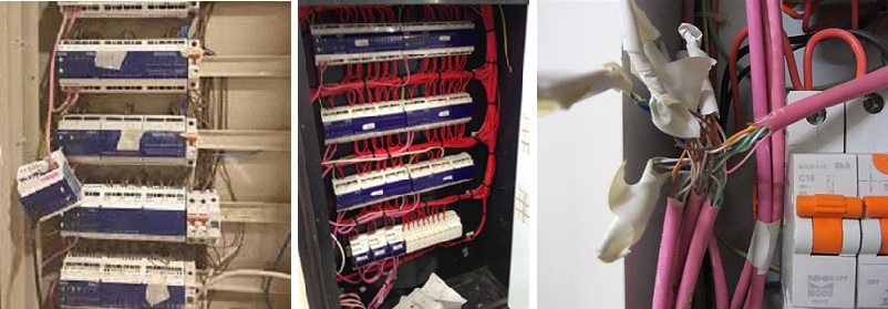 Three pictures of poorly wired switchboards