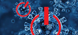 COVID virus under microscope, overlaid with a stop icon